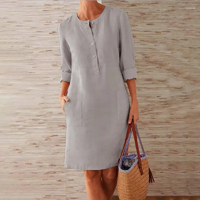 Vestidos casuais cheios 2023 Lady Turtleneck Dress Women Cotton Linen Style Single Bressoted Natural Fiber Fabric S-5xl
