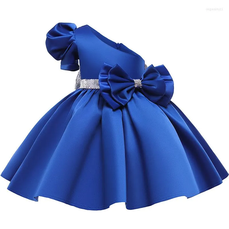 Robes de fête de noël pour filles, tenue princesse asymétrique épaule dénudée avec nœud, à paillettes, pour anniversaire d'enfant, Communion, 2023