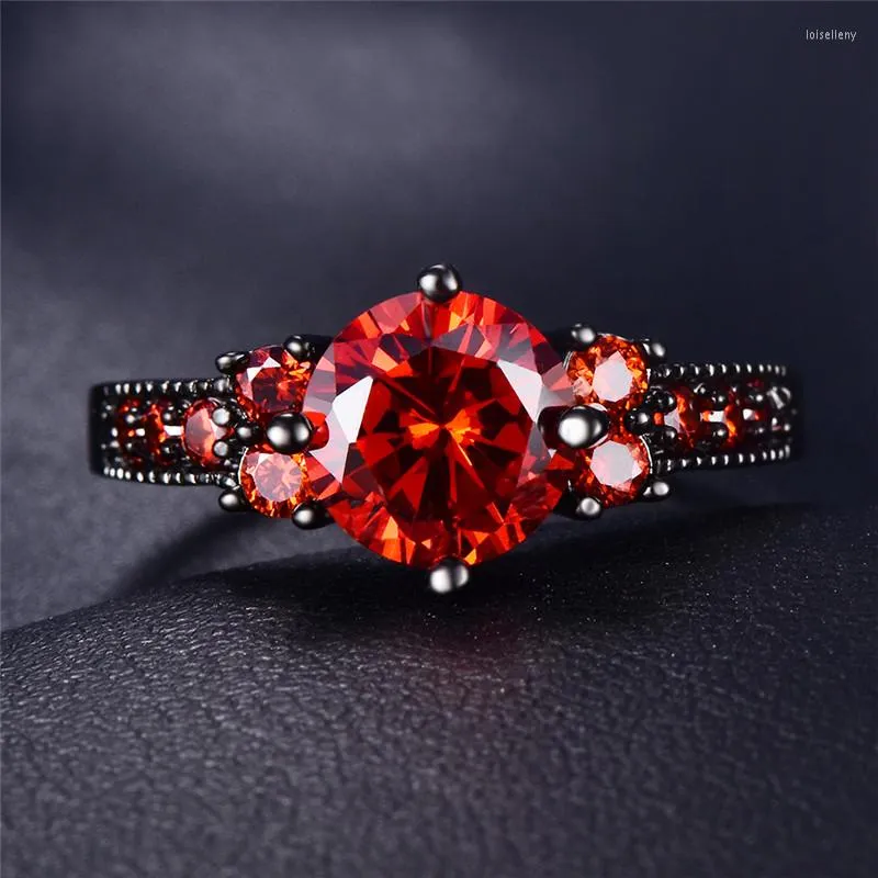 Wedding Rings Simple Fashion Round Red Zircon Engagement For Women Dainty Jewelry Vintage Black Gold CZ Stone Ring Joker