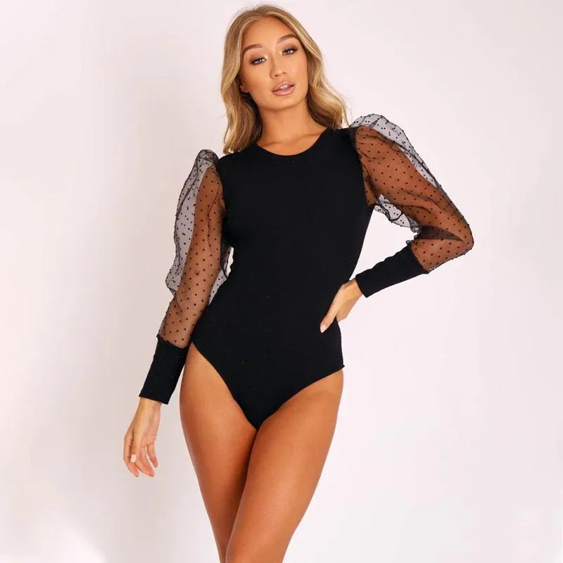 Kadın Tulumları Yük atanlar Puff Uzun Kollu Seksi Bodysuit Siyah Mesh Kadın Kış Bodycon Bodysuits Tek Parçalı Pembe Vücut Kadın Tulum