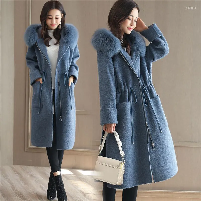 Women's Trench Coats Women Winter Fashion Fur Collar Faux Wool Jacket Female Hooded Korean Long Warm Woolen Coat High Quality Ladies