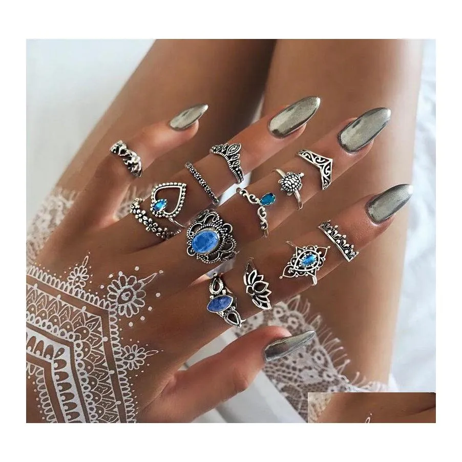 Cluster Rings Fashion Carve Antique Sier Midi Set For Women Turtle Crown Heart Lotus Knuckle Finger Female Bohemian Jewelry Gift Dro Otqx1