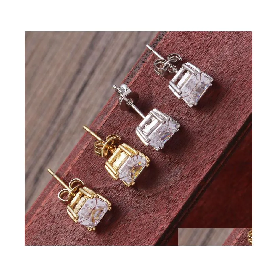 Dangle Chandelier Hip Hop 1 Pair Micro Fl Pavimed Rhinestone Zircon Cz Square Bling Pendientes de cobre helado Pendientes de cobre para hombres Judio Dh0y4