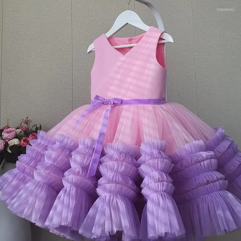 Mädchenkleider Prinzessin ärmelloses Spleiß-Kuchenkleid Mesh-Spitze flauschig Geburtstagsfeier V-Ausschnitt Abschlussball 0–6 Jahre altes Baby