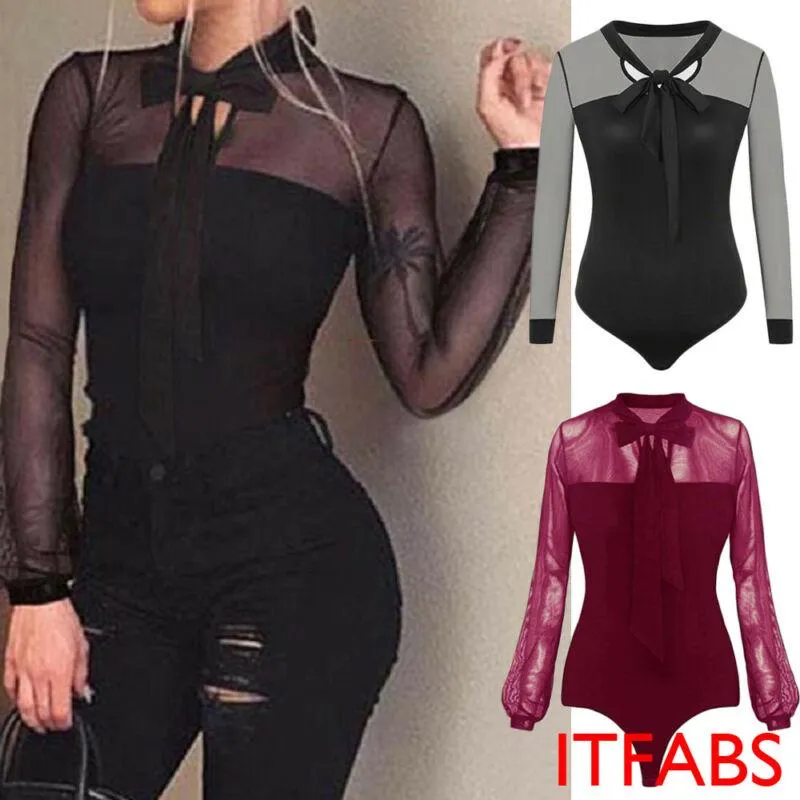 Kvinnors tvåbitar byxor Summer Bodysuit Women Sexig Bow Black Mock Neck Patchwork Långärmning Back Ladies Lace Mesh Transparent Topswomen's