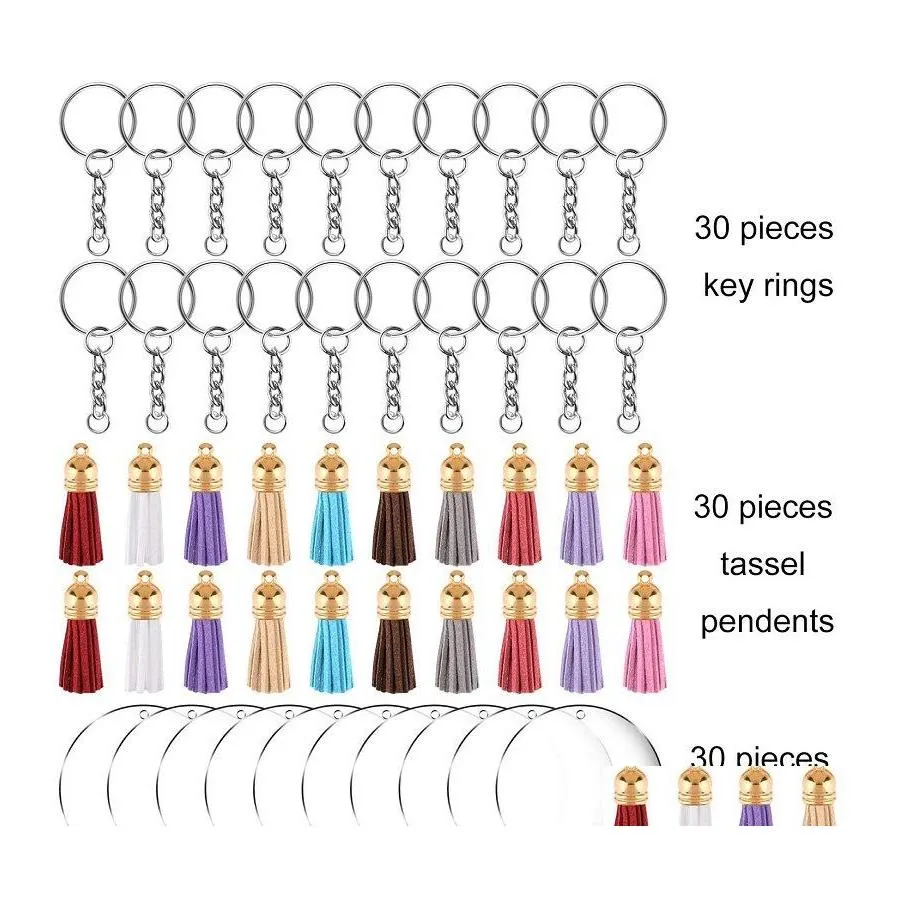 Keychains Lanyards Key Rings 200Pcs Acrylic Blank Keychain Making Kit With Tassel Pendant For Diy Crafts Clear Circle Discs Keyrin Dhhiu