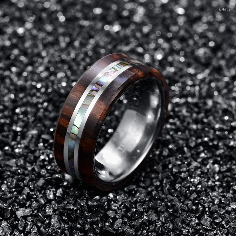 Wedding Rings JQUEEN Men's Engrave Name 8MM Ebony Wood Grain Natural Abalone Shell Tungsten Steel Ring Band Boyfriend's Gift