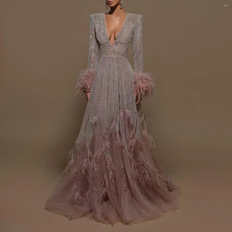 Casual Dresses Ankomst SEKKININERAD PEADING PROM PARTY KLÄNNING 2023 LÅNDLE SLES FEATHERS MAUVE Evening Formal Vestido de Noche Custom