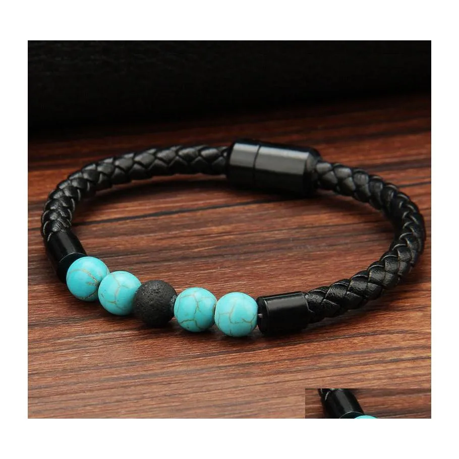 Charm Armbänder Herren Echtes Leder Lava Rock Perlenhalterungen für Frauen Natürliche Türkis Ätherisches Öl Diffusor Stein Magnetische Schnalle Otsp2