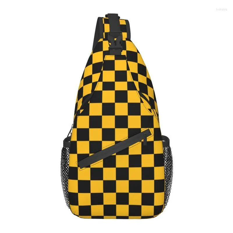 Backpack Black And Yellow Checkerboard Pattern Sling Bag For Men Cool Checkered Shoulder Chest Crossbody Travel Hiking Daypack