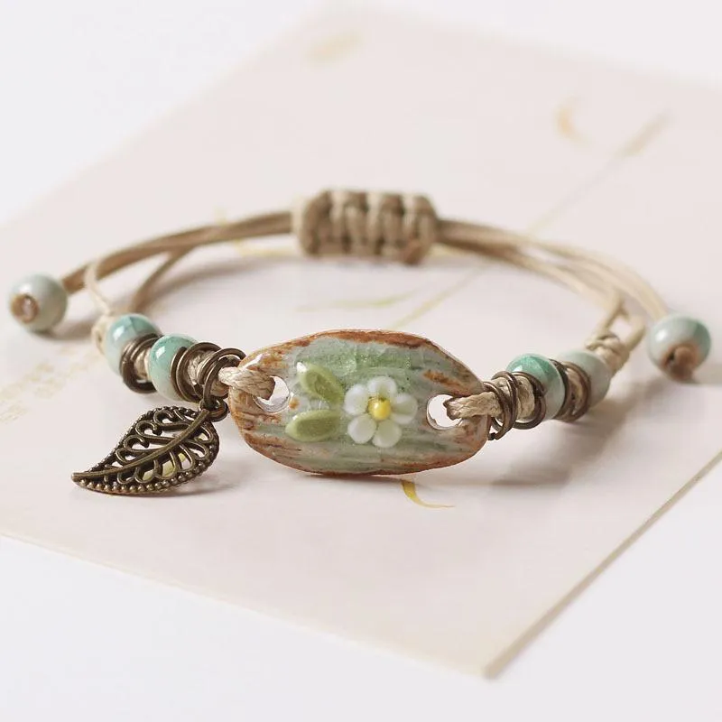 Charm Bracelets 1pc Forest Series Plant Hand-kneaded Ceramic Adjustable DIY Bracelet Women Fashion Originality Gift JewelryCharm 2024