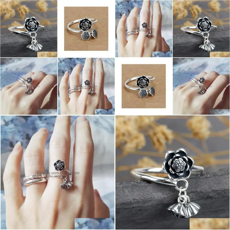 silver original creative lotus double pendant without mosaic opening adjustable women ring