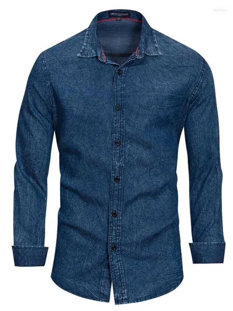 Mäns casual skjortor fin denim skjorta män långärmad jean man vogueshirt mens vår klassiska mode bomullskläder euro storlek 2xl sybi2222