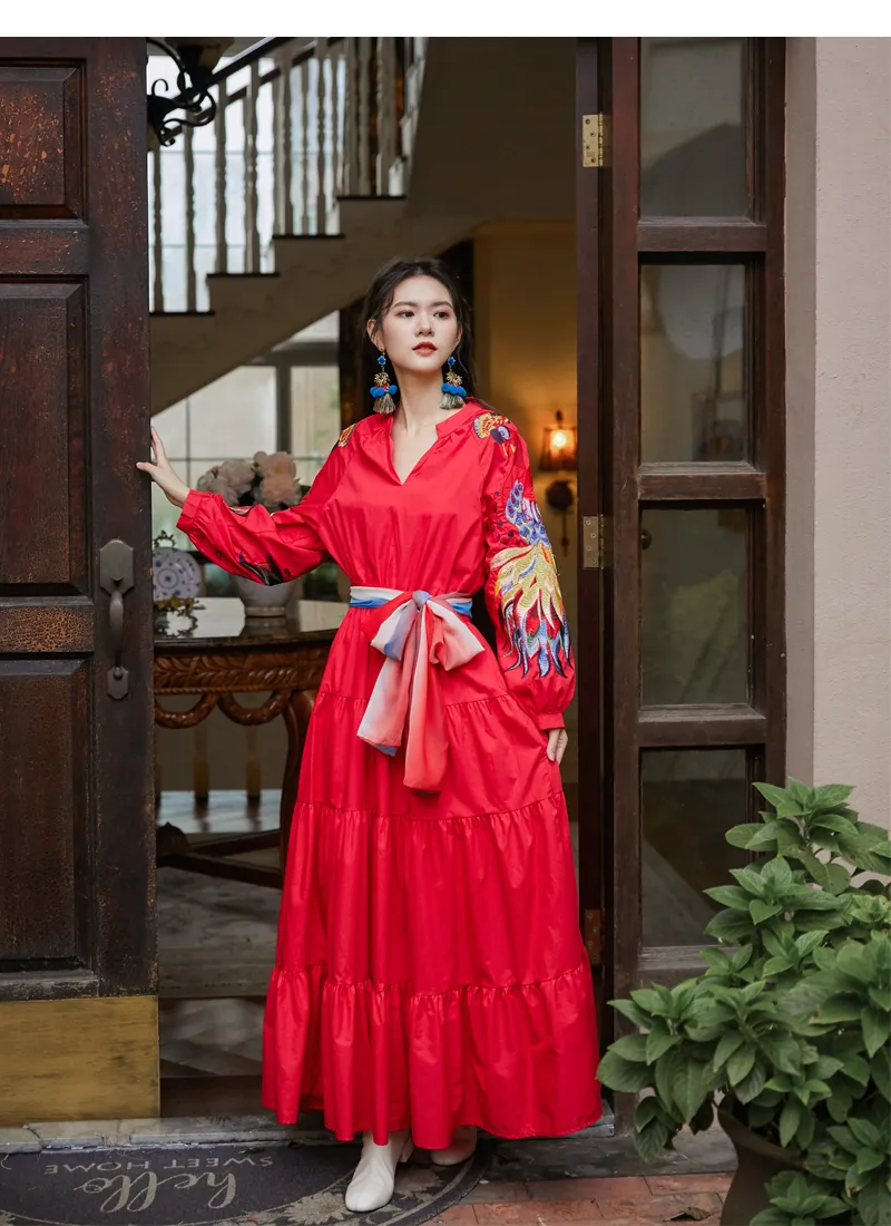 Runway Indie Folk Peacock Embroidery Red Christmas Dress Women's V-Neck Lantern Sleeve High Waist Bow Scarf Cotton Long Dresses 2023