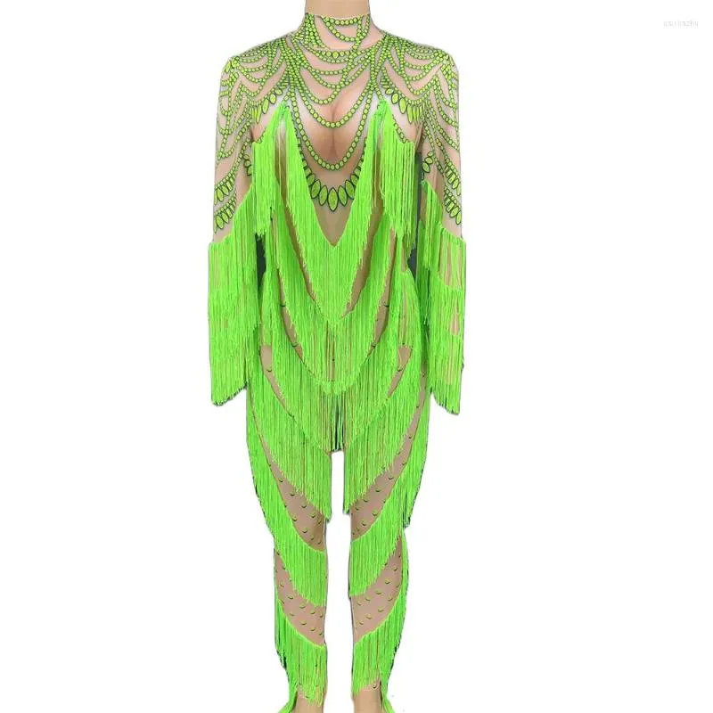 Scenkläder fluorescerande grön randig tryckning Tassel Bodysuit Kvinnor Långärmning Performance Personlighet Kostym Damer Nattklubbutrustning