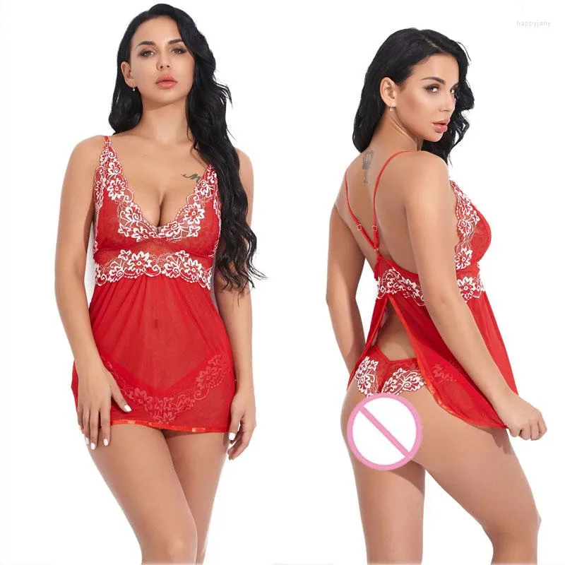 Women's Sleepwear Top Fashion Women's Sexy Sling Mesh Printed Pajamas Suit European And American Lingerie