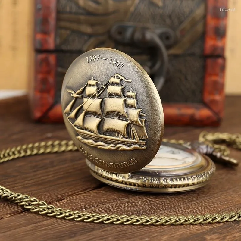 Pocket Watches Bronze Sailing Canvas Boat Ship Quartz Watch FOB Sweater Chain Necklace Clock Pendant Vintage Gifts for Women Men