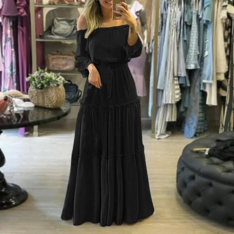 Vestidos casuais vestido maxi babado puro de piso macio, sem alça de cor sólida bohemia streetwear de outono