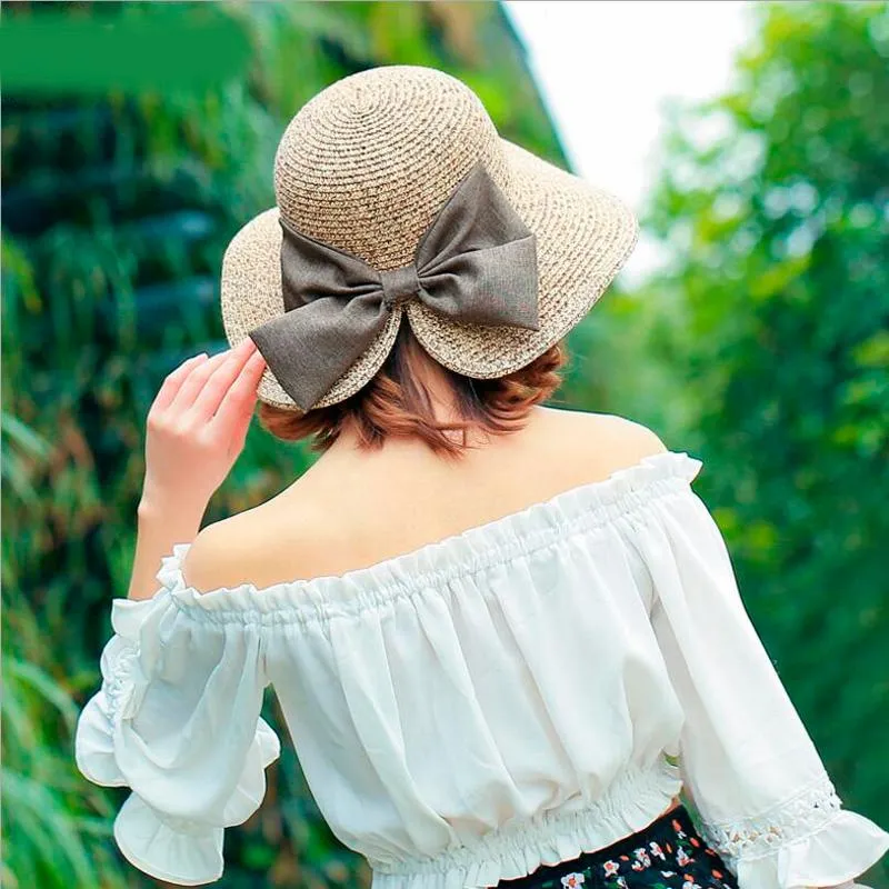 Breite Krempe Hüte Damen Sonnenhut Big Bow Floppy Sommer für Frauen Strand Panama Stroh Schutz Visier Femme Cap