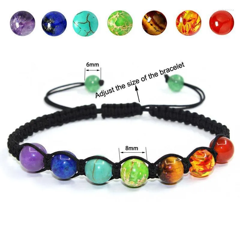 Brin Perlé Brins 6mm 8mm Perles 7 Chakra Bracelets Tressé Réglable Corde Yoga Balance Lava Reiki Pierres Bracelet Femmes Bijoux Cadeau