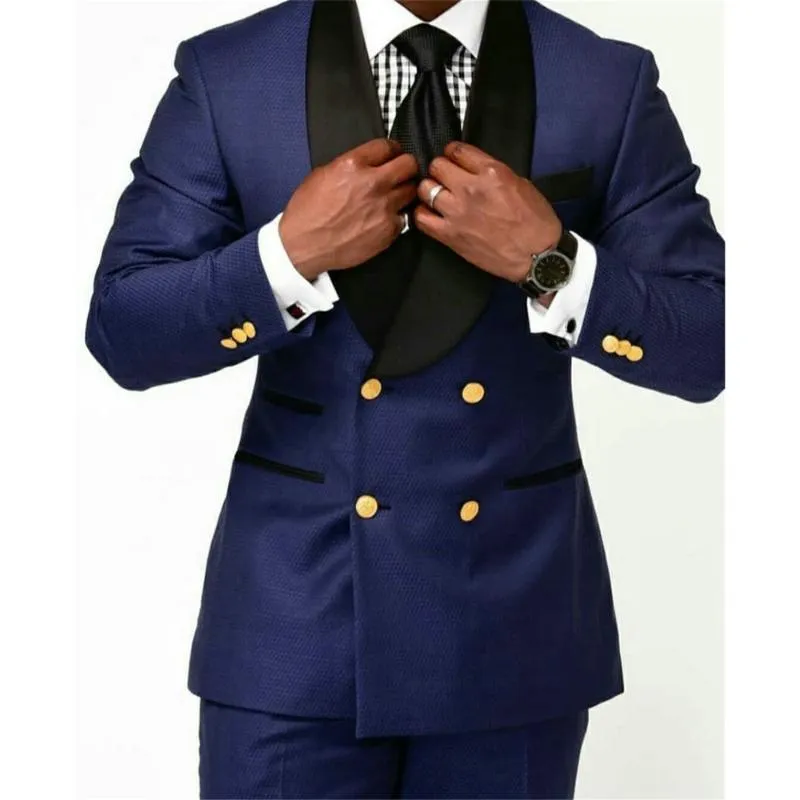 Мужские костюмы Blazers 2023 Navy Blue Mens Slim Fit Groomsman Gold Button Double Bread