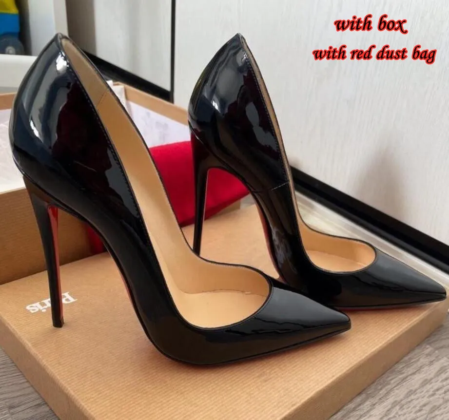 Så Kate pumpar kvinnor höga klackar skor röda glänsande botten 8 cm 10 cm 12 cm spetsig tå röd ensam naken svart patent läder lady bröllop skor med låda och dammväska 34-44
