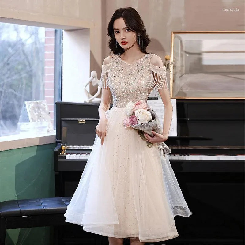 Ethnic Clothing Woman Exquisite Sequins Bling Tulle Evening Dress Tassel Short Sleeves A-Line Mid-Length Party Formal Gown