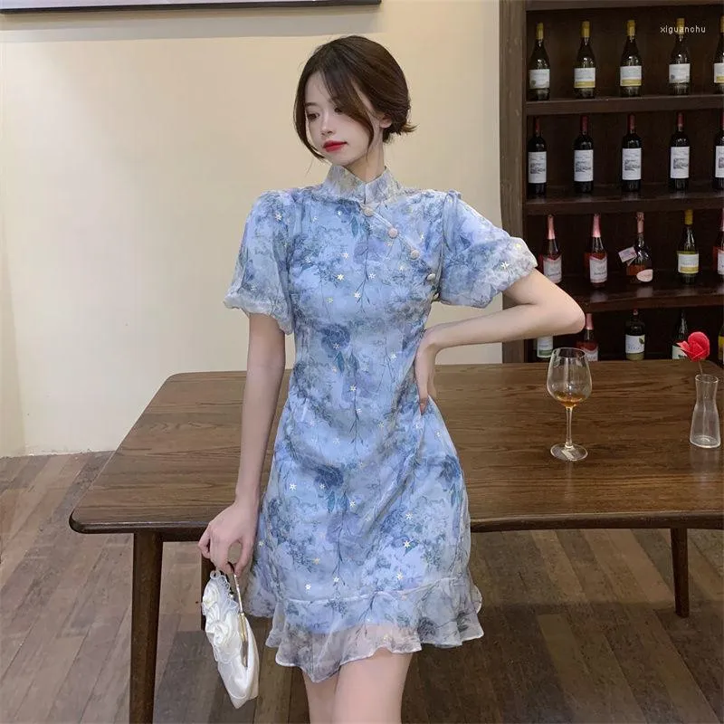 Ethnic Clothing Summer Style Retro Chinese Waist Slimming Fairy Cheongsam Women's Sweet Print Ruffled Dress