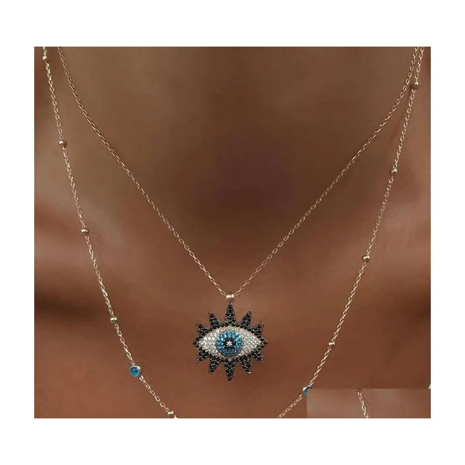Naszyjniki wiszące biżuterię podwójnie warstwa Zła oko Naszyjnik Rhinstone Blue Eye Choker Drop dostarczanie wisieli DH42H