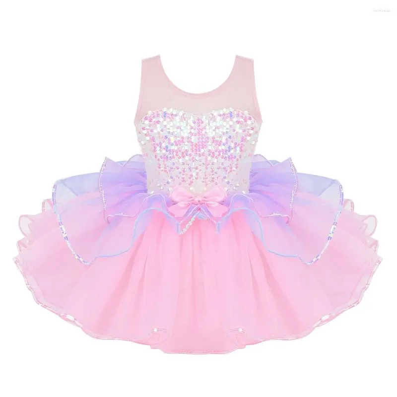 Girl Dresses 2023 Kids Girls Ballet Dancewear Shiny Sequins Mesh Splice Bowknot On Waist Dance Exercise Gymnastics Leotard Tutu Dress