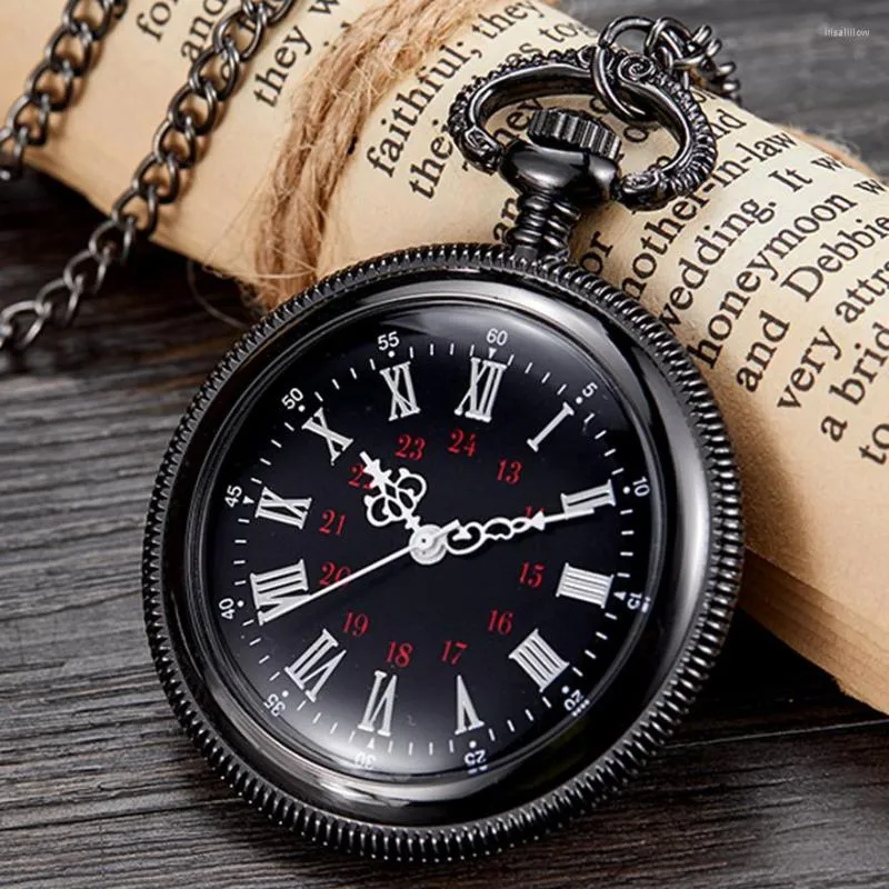 Pocket Watches High Quality Watch Quartz FOB Clock för män Steampunk Roman siffror Ryssland Svart fodral med kedjeläppning