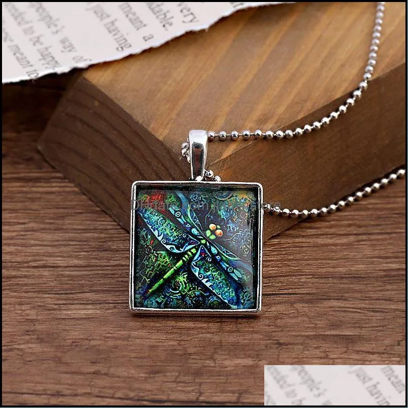 painted owl blue dragonfly insect glass pendant necklace jewelry retro square time gem accessory vintage colorful