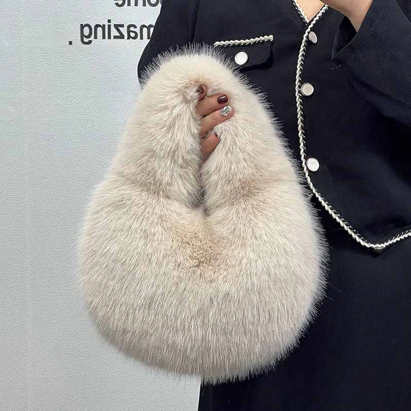 Moda macia de pelúcia meia lua sacos para mulheres designer fofo pele do falso senhora bolsas luxo pequena tote feminino bolsas inverno 2023