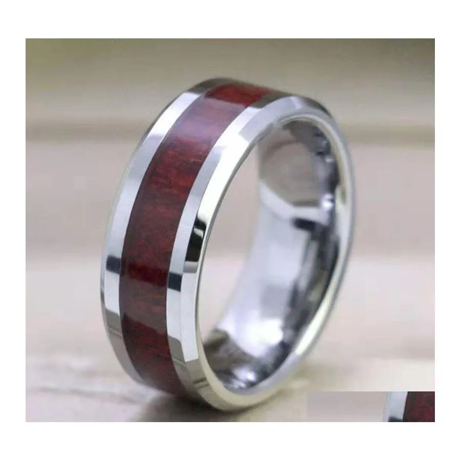 Anillos de banda 8Mm Dedo de tungsteno Durable Vintage Titanio Acero inoxidable Anillo de incrustaciones de madera Joyería para hombres Mujeres 316L 111 M2 Drop Delive Dhfwh