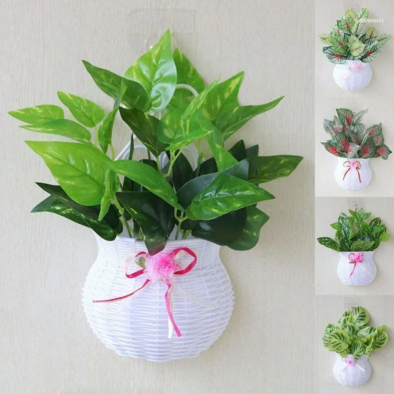 Flores decorativas Planta artificial folhas bonsai pendurar cesta de armazenamento parede de casamento decoração de parede11