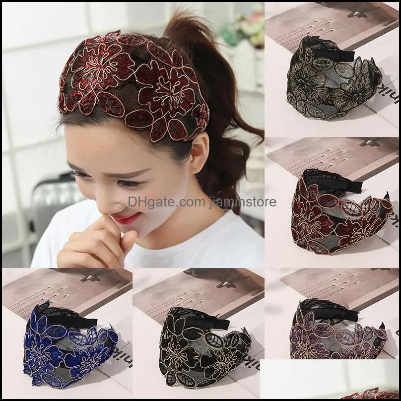 Headbands Fashion Lace Headband Widebrimmed Hair Hoop Embroidered Flowers Hairband Mesh For Women Accessories Drop Delivery Jewelry Otcqv