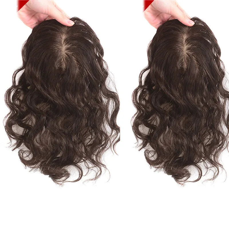 2023ニューナチュラルウェーブペルーヴァージンヒューマンヘアトッパー通気性ナチュラルスキンベースダークブラウン髪を薄くしている女性9x14cm