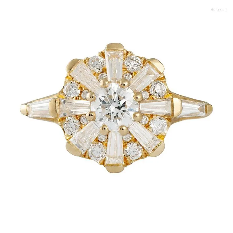 Bröllopsringar Flower Crystal Ring for Women Delicate Engagement Bridal Zircon Gold Color Jewelry Accessories Gifts KBR393