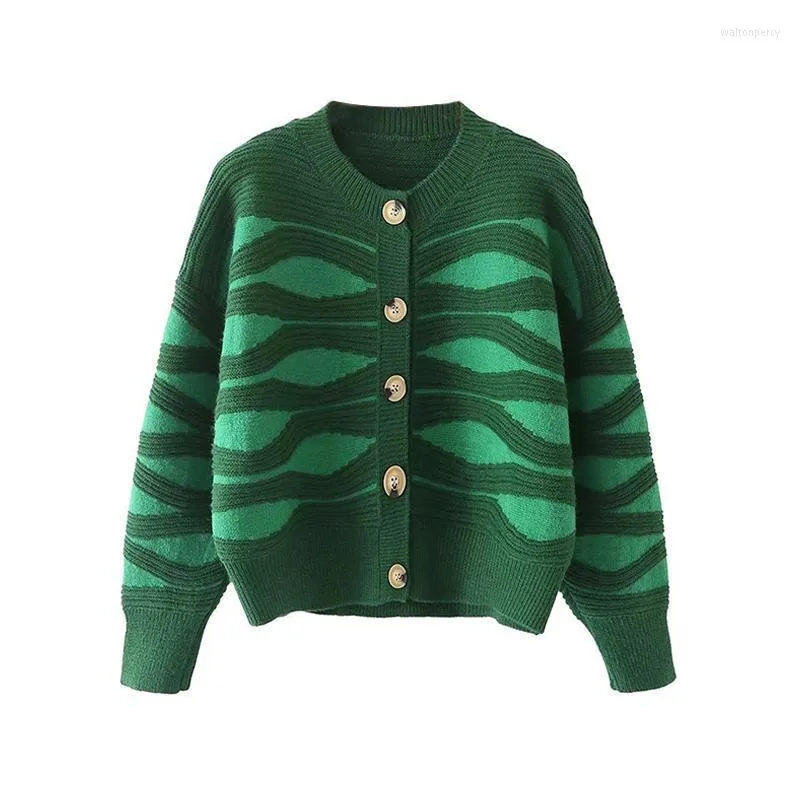 여자 니트 티 가디건 스웨터 2023autumn Winter Green Striped O-Neck 따뜻한 긴 소매 여성 패션 스트리트 우아한 청소년 스웨터 폰