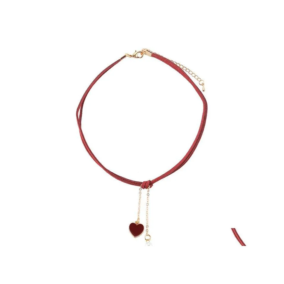 Sautoirs Style coréen Mode Choker Colliers Veet Chaîne Simple Double Face Noir Rouge Coeur Forme Pendentif Femmes Collier Dames Jewe Oto9I