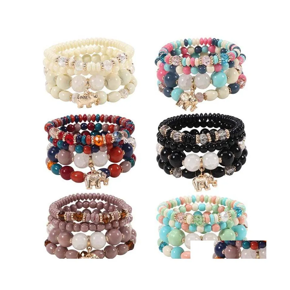 Straski z koralikami Vintage Slephant Stop Wiselant Elastic Mtilayer Beads Bohemian Bracelets Women Lava Stone Breter Banles do części OT04Q