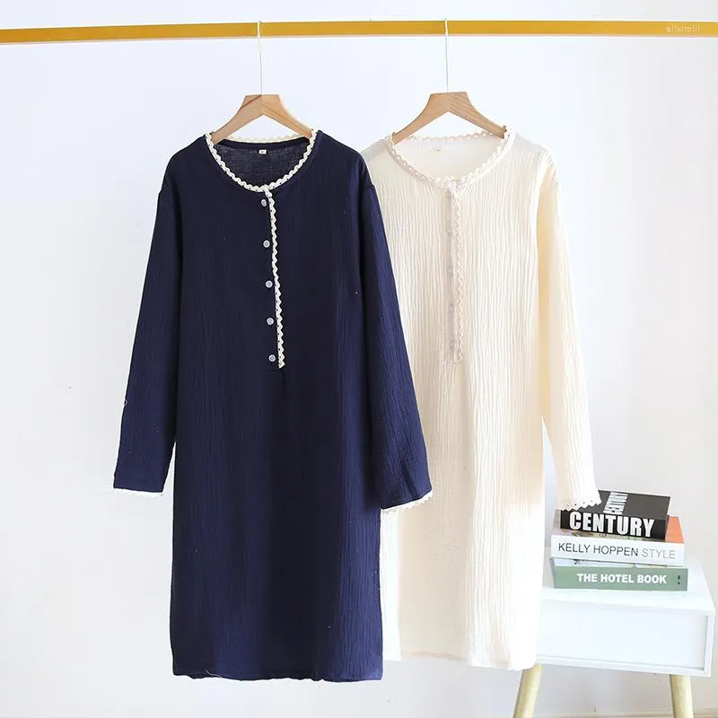 Women's Sleepwear Summer Night Dress For Women Pure Cotton Crepe Sleep Skirt Long Sleeve Nightgown Famale Thin Loose Casual Comfortable Home