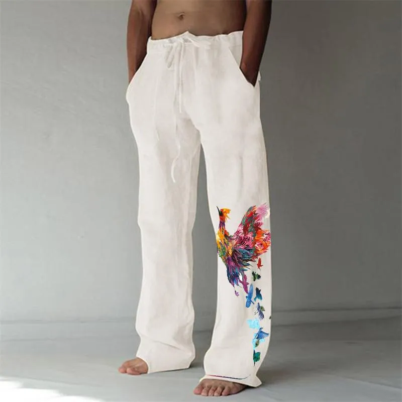 Pantalon masculin masculin mode décontracté de poche en lin imprimé de grande taille