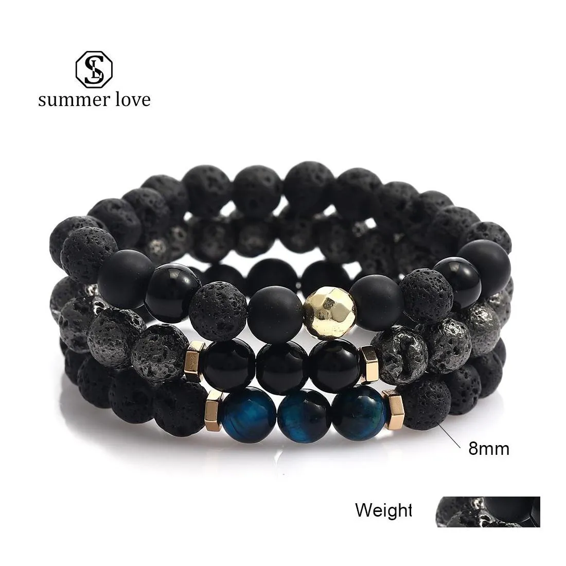 Perlenstränge 3 teile/satz Lava Rock Stein Glas Perlen Armband Chakra Charme Natürliche Tigerauge Ätherisches Öl Diffusor Kette Für Frauen M Dhgvk