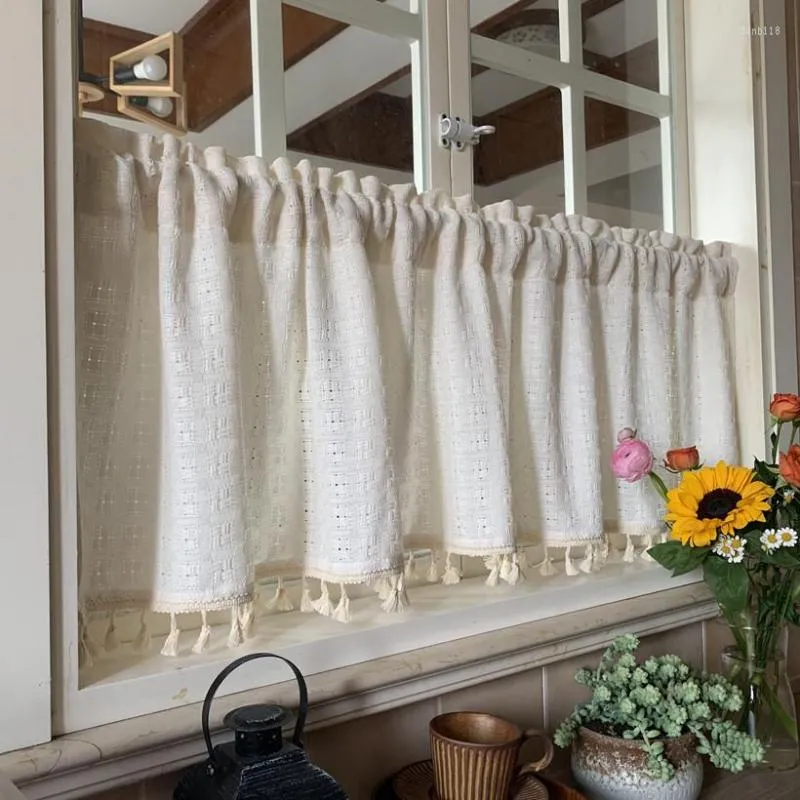 Rideau style américain rétro treillis demi court lin beige pour armoires de cuisine café rideaux petite fenêtre