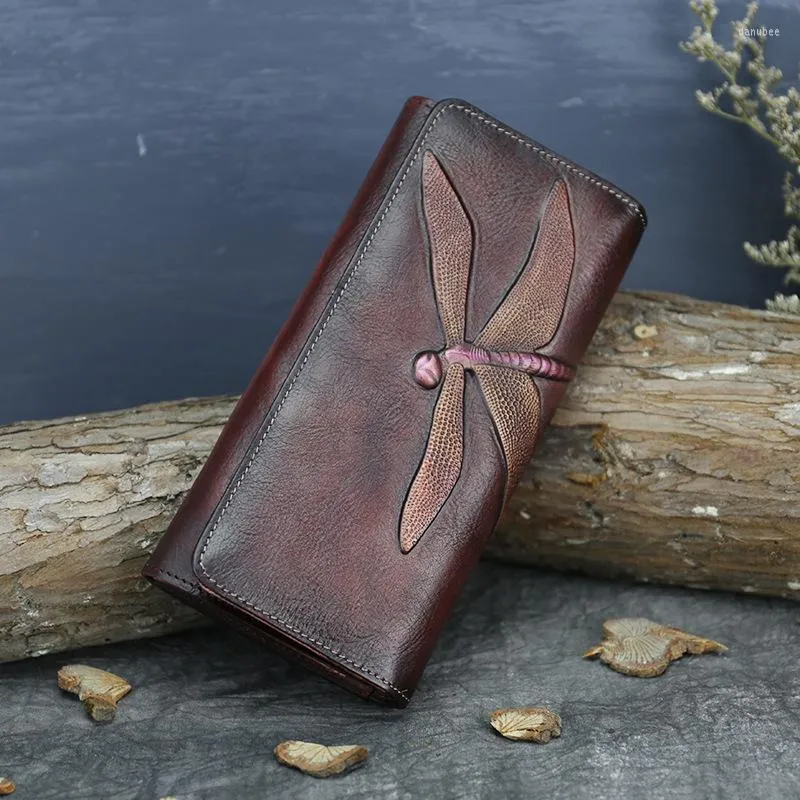 Wallets YourSeason Female Vintage Cowhide Wallet Card Holder 2023 Genuine Leather Ladies Long Purse Prints Butterfly-knot