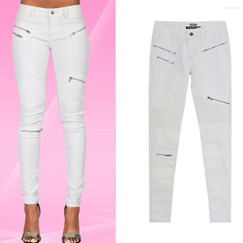 Jeans da donna Fashion Zip Up Motor Biker Pantaloni da donna in denim skinny elasticizzati bianchi sottili Pantaloni a matita per le donne