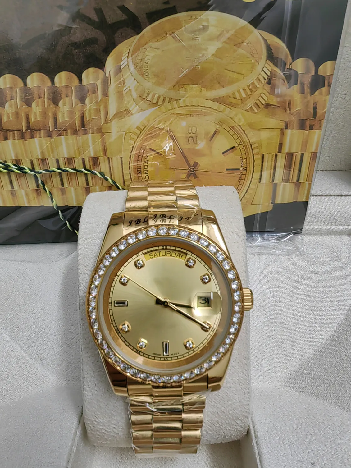 원래 상자 럭셔리 시계 41mm 망 18k 옐로우 골드 다이얼 더 큰 다이아몬드 자동 패션 브랜드 남자 시계 손목 시계 2023