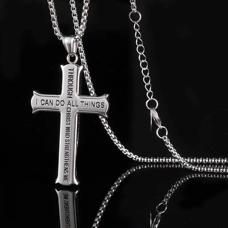 Pendant Necklaces WAWFROK Stainless Steel Men Bible Letter Cross Necklace For Jesus Christ Long Chain Initial 2 Colors