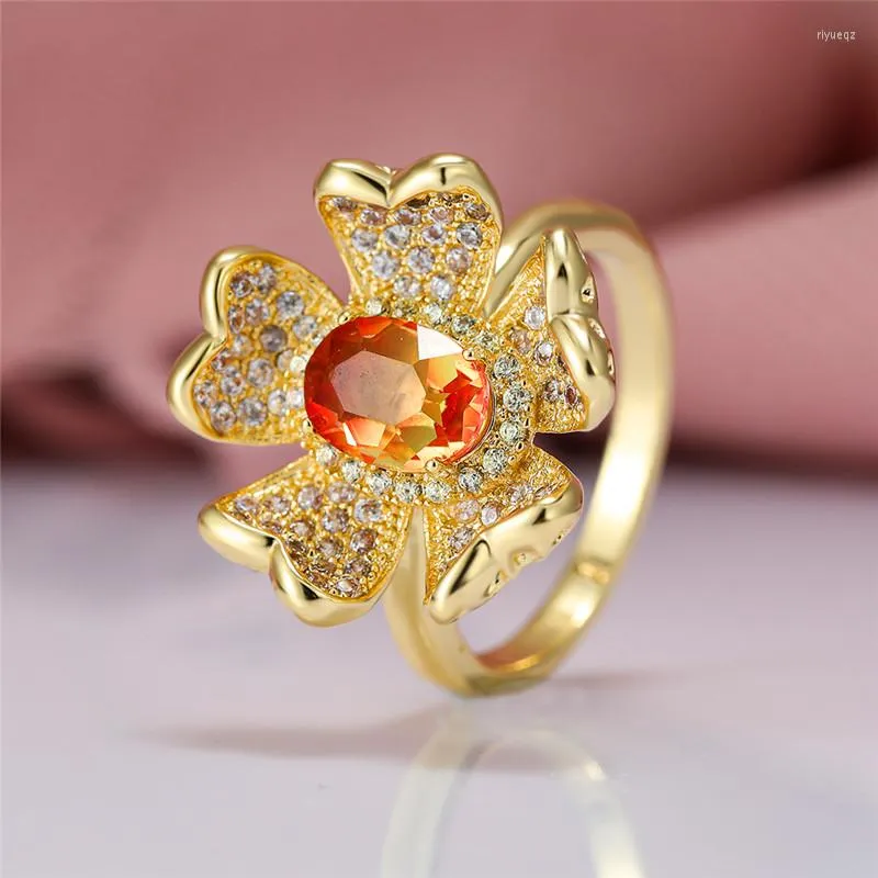 Wedding Rings Dainty Bride Flower Engagement Ring Vintage Female Pink Yellow Oval Crystal Classic Rose Gold Color For Women